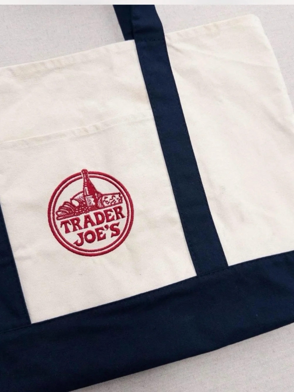 Trader Joe's Cream and Navy Canvas Large Tote Bag